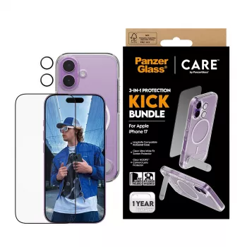 Schutzhülle PanzerGlass CARE Feature Kick 3w1 für iPhone 17 mit integriertem Bildschirmglas und Kameralinsenschutz