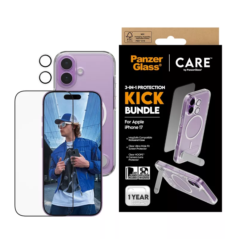 Schutzhülle PanzerGlass CARE Feature Kick 3w1 für iPhone 17 mit integriertem Bildschirmglas und Kameralinsenschutz