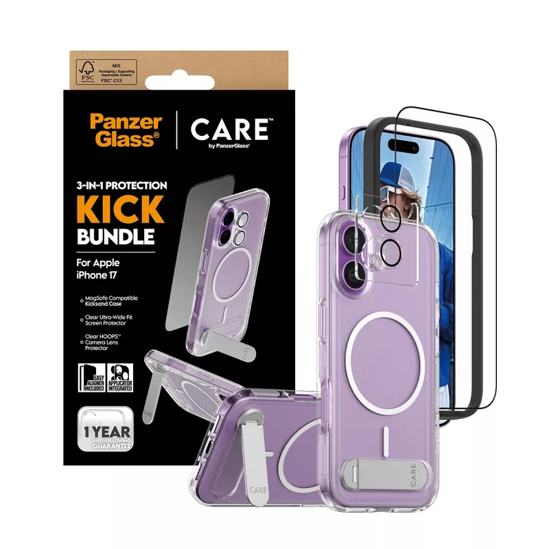 Schutzhülle PanzerGlass CARE Feature Kick 3w1 für iPhone 17 mit integriertem Bildschirmglas und Kameralinsenschutz