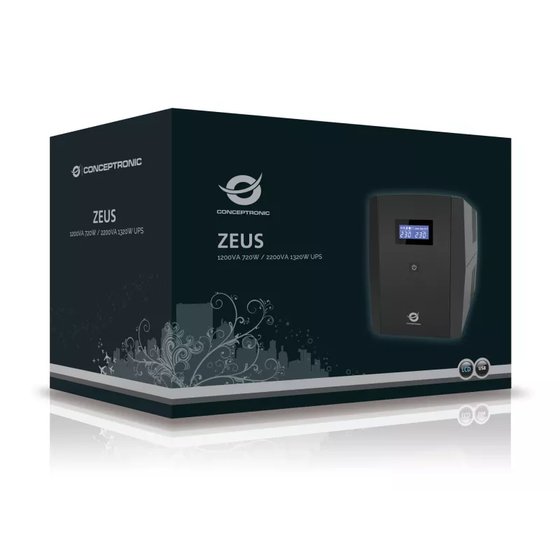 Conceptronic ZEUS 2200VA 1320W USV, IEC + Schuko-Steckdose, Line-Interactive, 2,2 kVA, 1320 W, 220 V, 240 V, 220 V