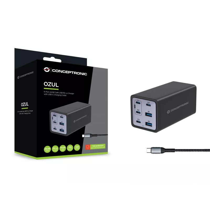 Conceptronic 6-Port 200W GaN USB PD Ladegerät mit USB-C Ladekabel, USB-C x 4, USB-A x 2, QC 3.0, PD 3.1, PPS