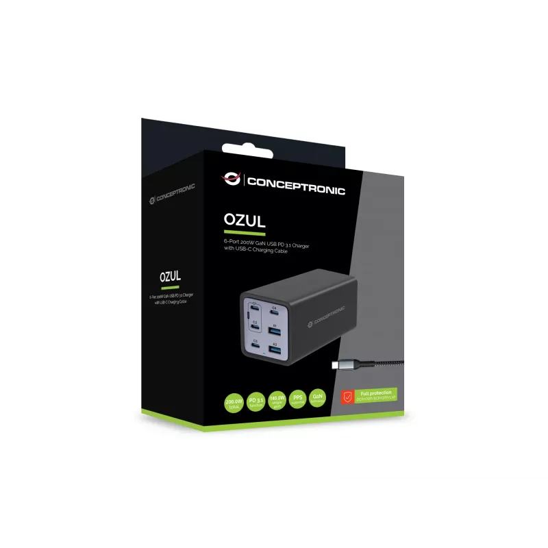 Conceptronic 6-Port 200W GaN USB PD Ladegerät mit USB-C Ladekabel, USB-C x 4, USB-A x 2, QC 3.0, PD 3.1, PPS