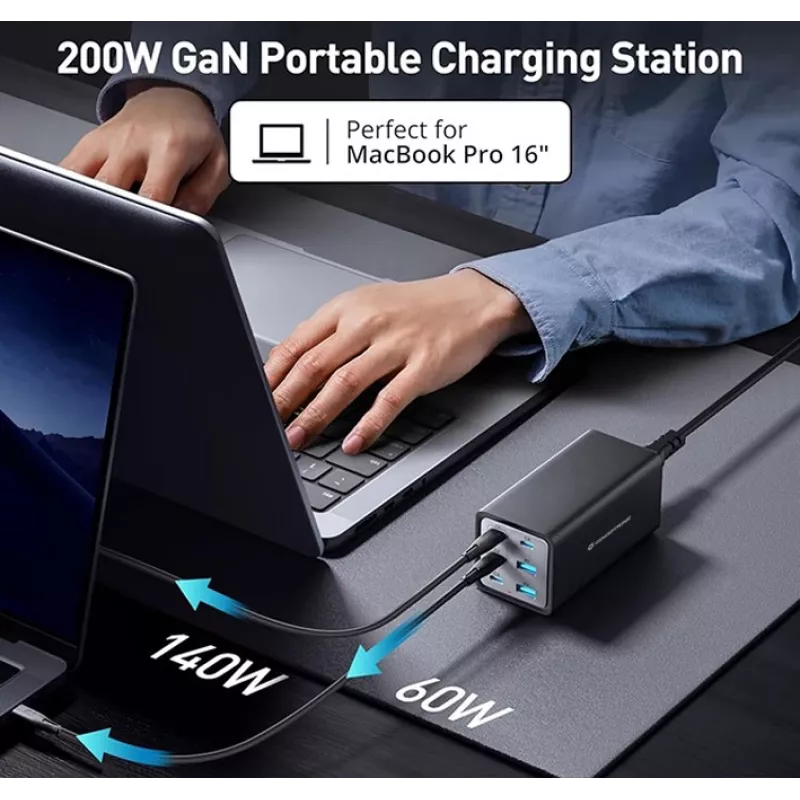 Conceptronic 6-Port 200W GaN USB PD Ladegerät mit USB-C Ladekabel, USB-C x 4, USB-A x 2, QC 3.0, PD 3.1, PPS