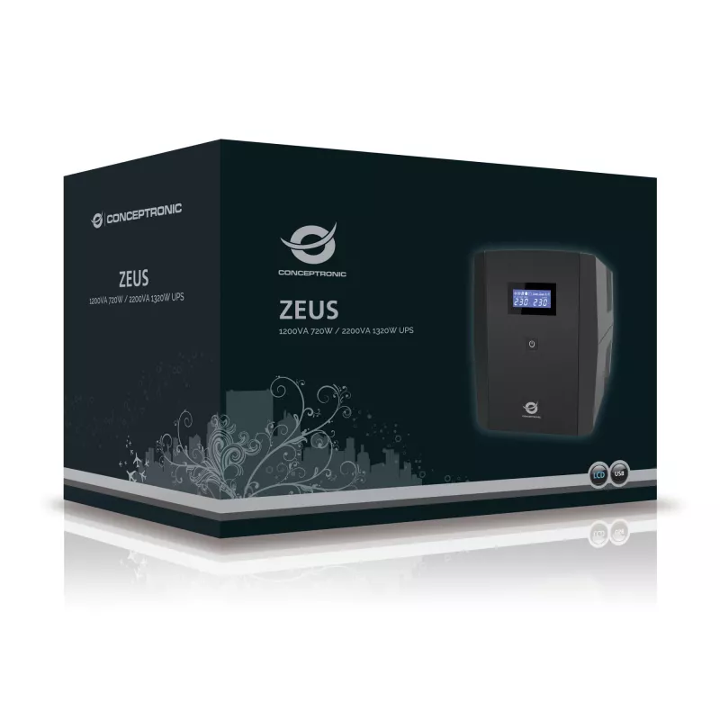 Conceptronic ZEUS 1200VA 720W USV, IEC + Schuko-Steckdose, Line-Interactive, 1,2 kVA, 720 W, 220 V, 240 V, 220 V