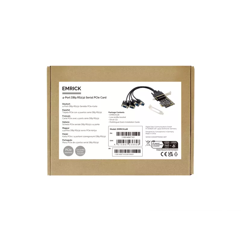 Conceptronic 4-Port DB9 RS232 Serielle PCIe-Karte, PCIe, RS-232, PCIe 2.0, RS-232, Schwarz, China
