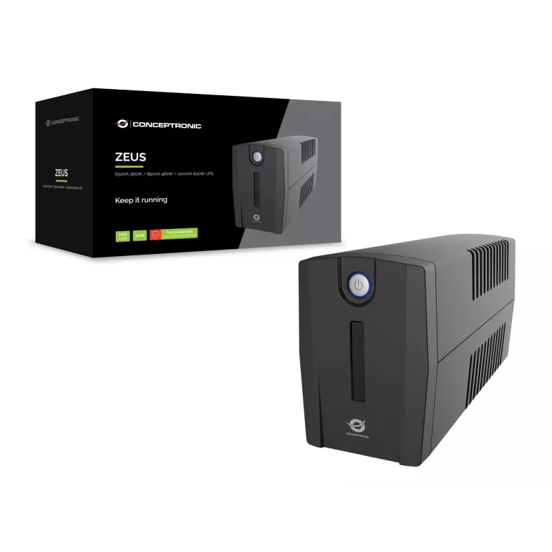 Conceptronic ZEUS02G 850VA 480W USV, 2 UK-Steckdosen, HID-USB, RJ45 Ein/Aus, AVR