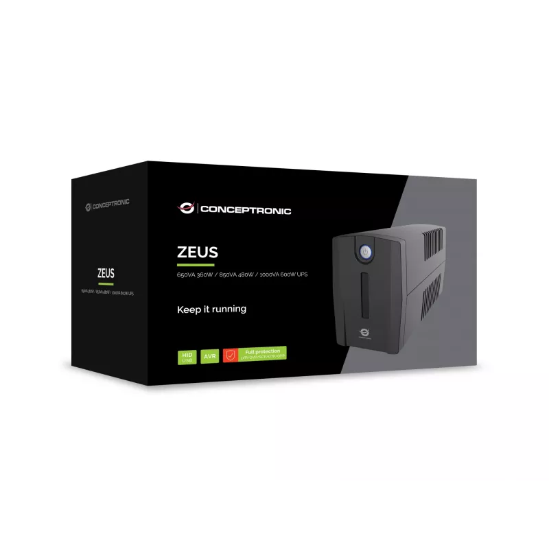 Conceptronic ZEUS02G 850VA 480W USV, 2 UK-Steckdosen, HID-USB, RJ45 Ein/Aus, AVR