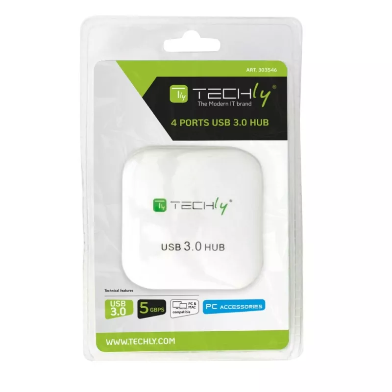 Techly USB 3.0 Super Speed Hub 4 Ports Weiß IUSB3-HUB4-WH, USB 3.2 Gen 1 (3.1 Gen 1) Typ-A, 5000 Mbit/s, Weiß, 0,8 m, CE, RoHS, USB 2.0 USB 1.1