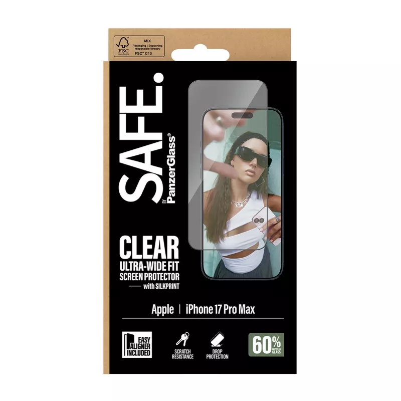 Displayschutz PanzerGlass SAFE. für iPhone 17 Pro Max – Ultra-Weitwinkel-PET-Folie mit schwarzem Rahmen, EasyAligner, kratz- und stoßfest