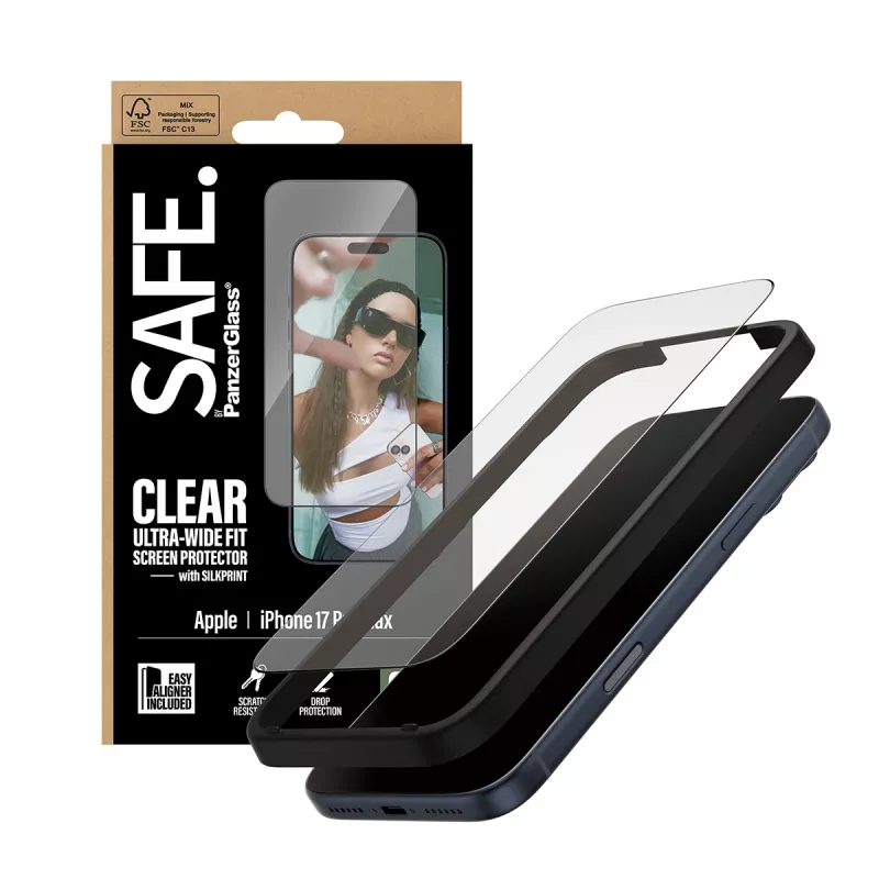 Displayschutz PanzerGlass SAFE. für iPhone 17 Pro Max – Ultra-Weitwinkel-PET-Folie mit schwarzem Rahmen, EasyAligner, kratz- und stoßfest