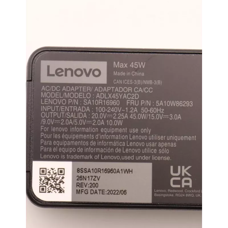 Lenovo 5A10W86293 power adapter/inverter Indoor 45 W Schwarz