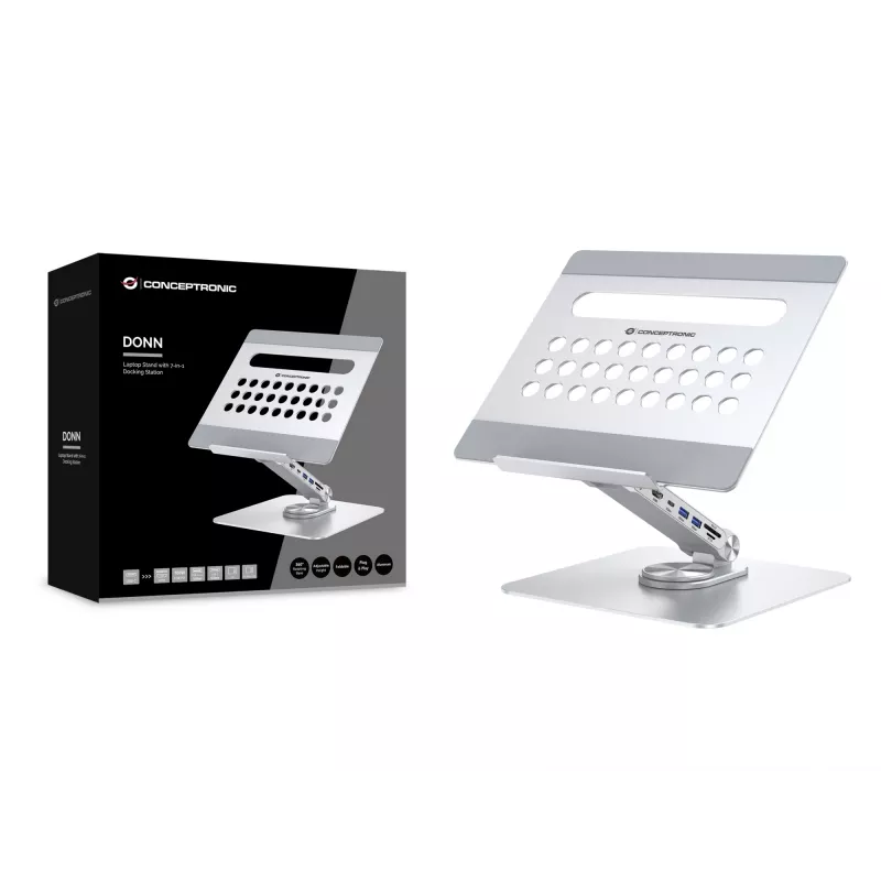 Conceptronic DONN27G, Laptopständer, Silber, Aluminium, 360°, USB 3.2 Gen 1 (3.1 Gen 1) Type-C, 5000 Mbit/s