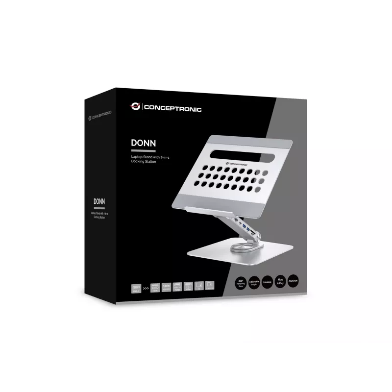 Conceptronic DONN27G, Laptopständer, Silber, Aluminium, 360°, USB 3.2 Gen 1 (3.1 Gen 1) Type-C, 5000 Mbit/s