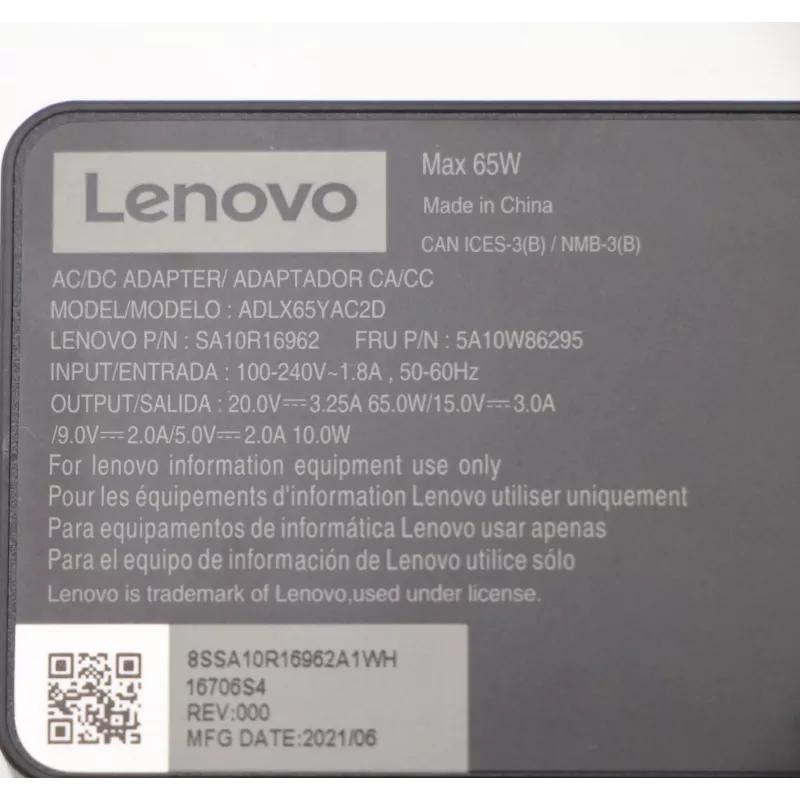 Lenovo 5A10W86295 Netzteil Innenbereich 65 W Schwarz
