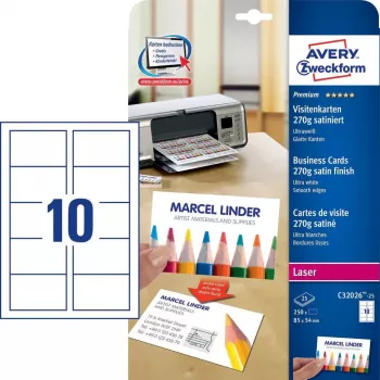 Visitenkartenblätter Avery Zweckform C32026-25, 85×54 mm, weißer Karton, 25 Karten