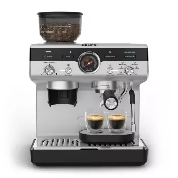 Espressomaschine KRUPS XP801T halbautomatisch mit integriertem Mahlwerk, 3-Liter-Wassertank, 2 Tassen Ausgabe, schwarz/Edelstahl