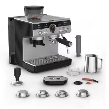 Espressomaschine KRUPS XP801T halbautomatisch mit integriertem Mahlwerk, 3-Liter-Wassertank, 2 Tassen Ausgabe, schwarz/Edelstahl