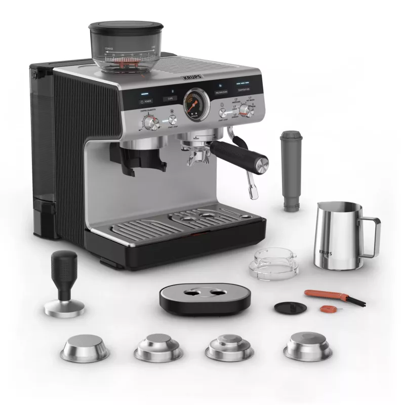 Espressomaschine KRUPS XP801T halbautomatisch mit integriertem Mahlwerk, 3-Liter-Wassertank, 2 Tassen Ausgabe, schwarz/Edelstahl