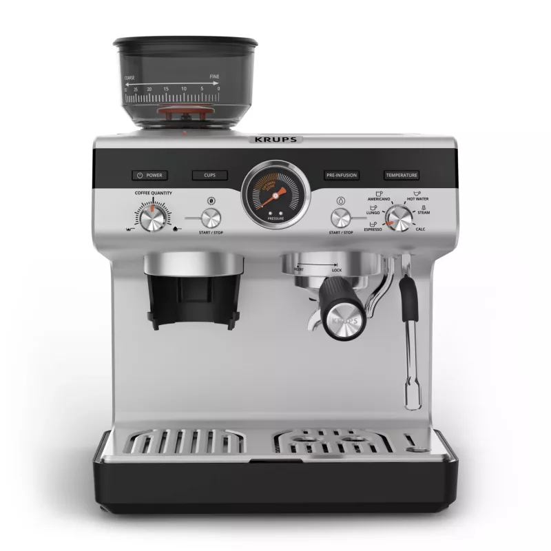 Espressomaschine KRUPS XP801T halbautomatisch mit integriertem Mahlwerk, 3-Liter-Wassertank, 2 Tassen Ausgabe, schwarz/Edelstahl