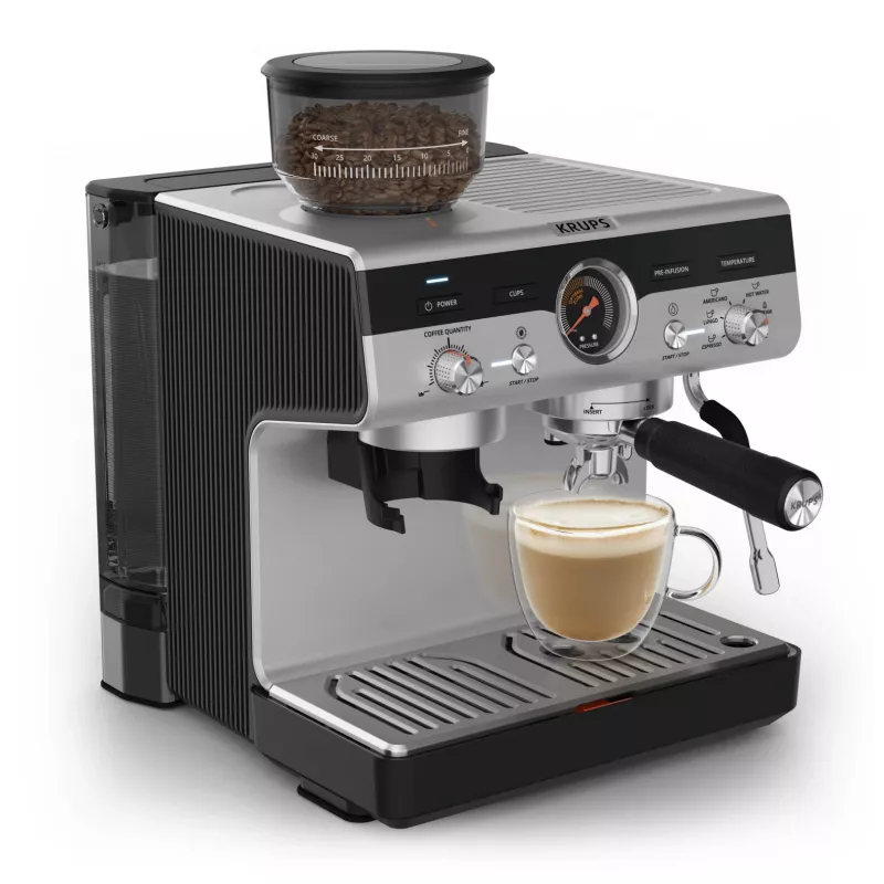 Espressomaschine KRUPS XP801T halbautomatisch mit integriertem Mahlwerk, 3-Liter-Wassertank, 2 Tassen Ausgabe, schwarz/Edelstahl