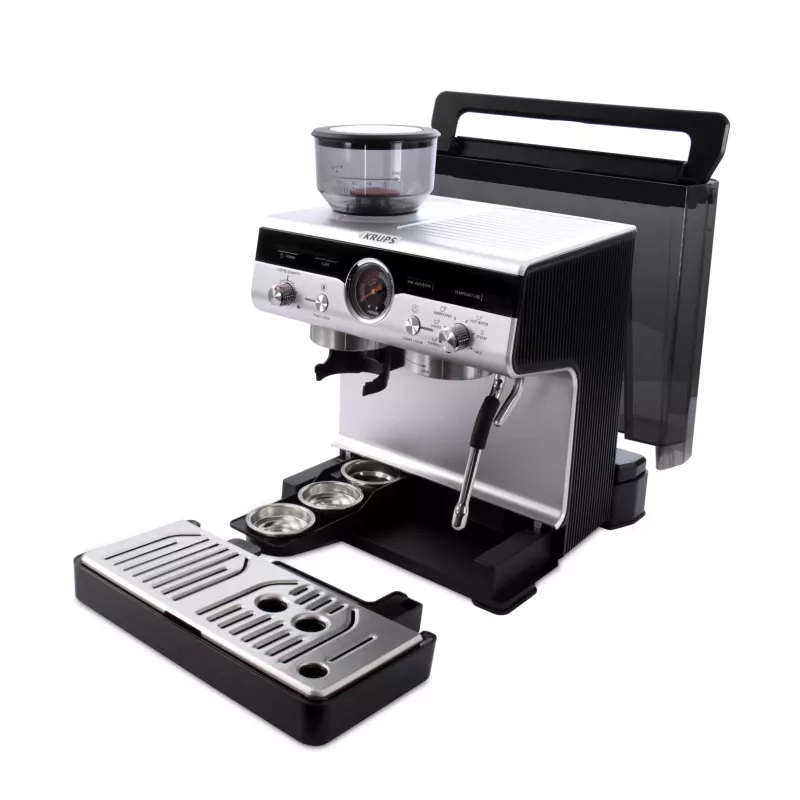Espressomaschine KRUPS XP801T halbautomatisch mit integriertem Mahlwerk, 3-Liter-Wassertank, 2 Tassen Ausgabe, schwarz/Edelstahl