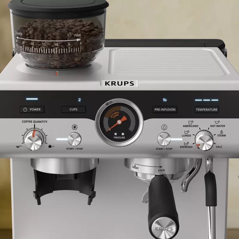 Espressomaschine KRUPS XP801T halbautomatisch mit integriertem Mahlwerk, 3-Liter-Wassertank, 2 Tassen Ausgabe, schwarz/Edelstahl