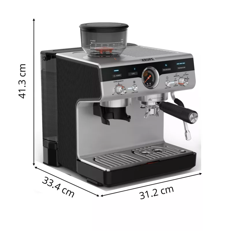 Espressomaschine KRUPS XP801T halbautomatisch mit integriertem Mahlwerk, 3-Liter-Wassertank, 2 Tassen Ausgabe, schwarz/Edelstahl