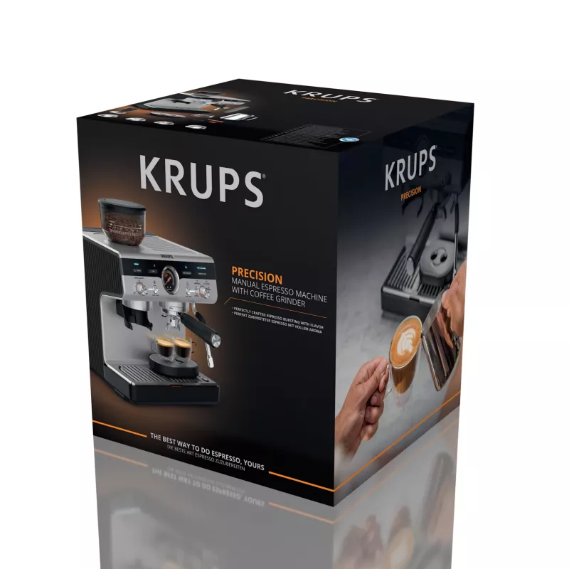 Espressomaschine KRUPS XP801T halbautomatisch mit integriertem Mahlwerk, 3-Liter-Wassertank, 2 Tassen Ausgabe, schwarz/Edelstahl