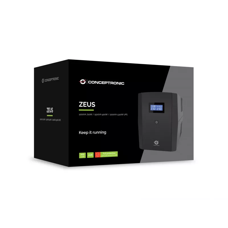 Conceptronic ZEUS03G 1200VA 720W USV, 4 UK-Steckdosen, HID-USB, RJ45 Ein-/Ausgang, AVR