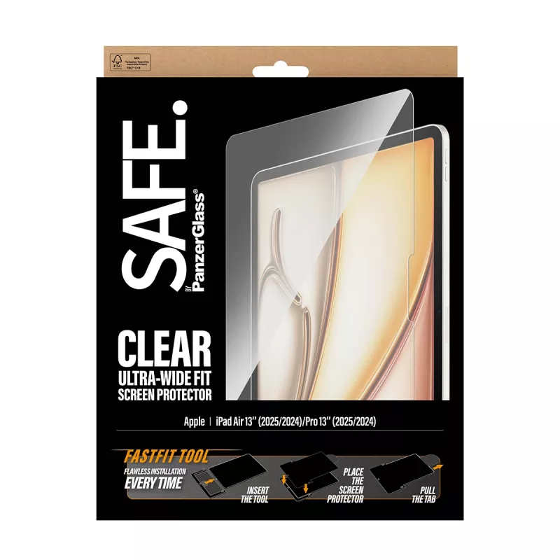 PanzerGlass SAFE. by ® Displayschutzfolie iPad Air 13 Zoll (2024-2026) | Pro 13 Zoll (2024-2025) | Ultra-Weit-Passform mit Fastfit-Werkzeug