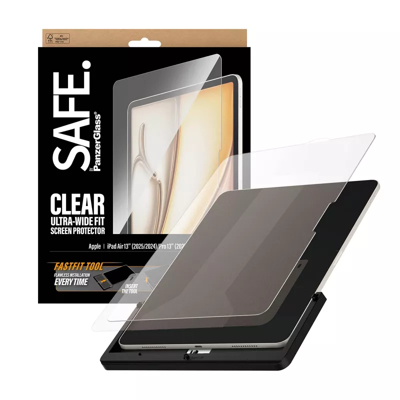PanzerGlass SAFE. by ® Displayschutzfolie iPad Air 13 Zoll (2024-2026) | Pro 13 Zoll (2024-2025) | Ultra-Weit-Passform mit Fastfit-Werkzeug