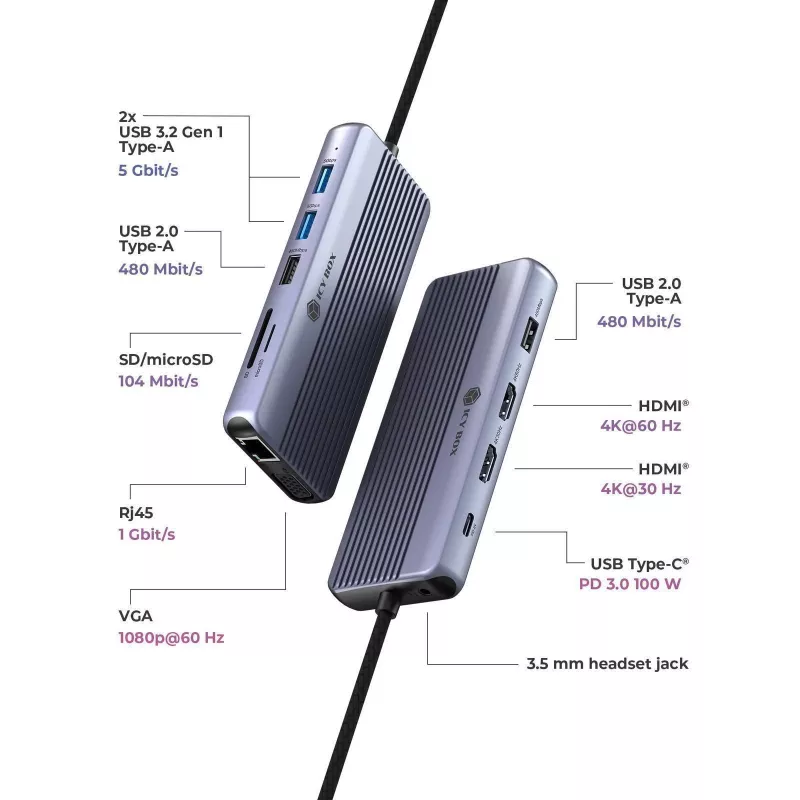 ICY BOX IB-DK4062-CPD Kabelgebunden USB 3.2 Gen 1 (3.1 Gen 1) Typ-C Anthrazit