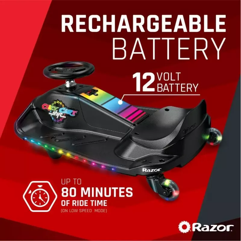 Elektro-Driftkart Razor CRAZY CART Shift Lightshow — wiederaufladbare Lithium-Batterie, LED-Lichtshow, 13 km/h, 40 min
