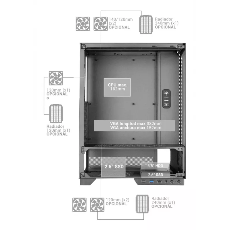 PC-Gehäuse TACENS MARS MC-PULSAR LCD ATX Midi Tower, gehärtetes Glas, Front-LCD, USB-C, unterstützt GPU 33,2 cm