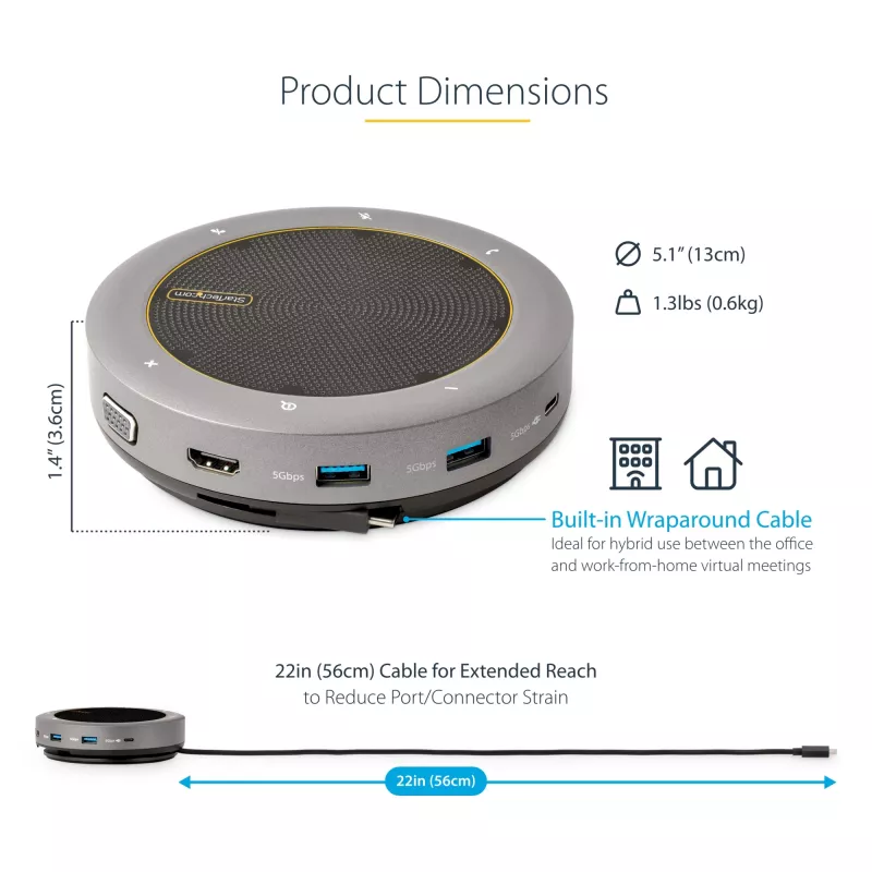 StarTech.com USB-C Speakerphone Docking Station, Mini Portable Conference Speaker und Audio Dock, USB-C zu VGA/4K HDMI, 2x USB-A Hub, Mikrofon/Lautsprecher, Teams/Zoom/Softphone Speakerphone