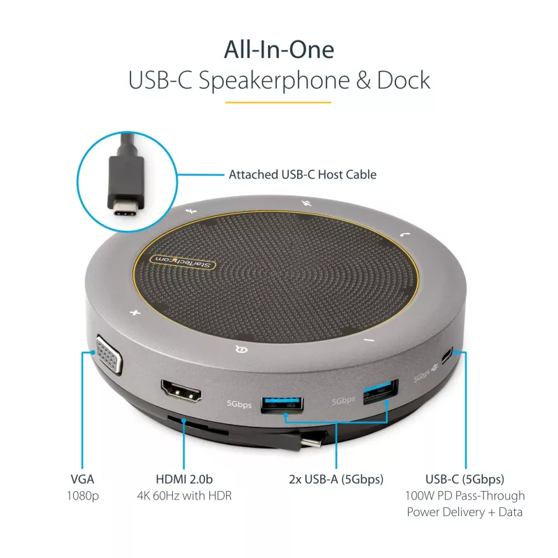 StarTech.com USB-C Speakerphone Docking Station, Mini Portable Conference Speaker und Audio Dock, USB-C zu VGA/4K HDMI, 2x USB-A Hub, Mikrofon/Lautsprecher, Teams/Zoom/Softphone Speakerphone