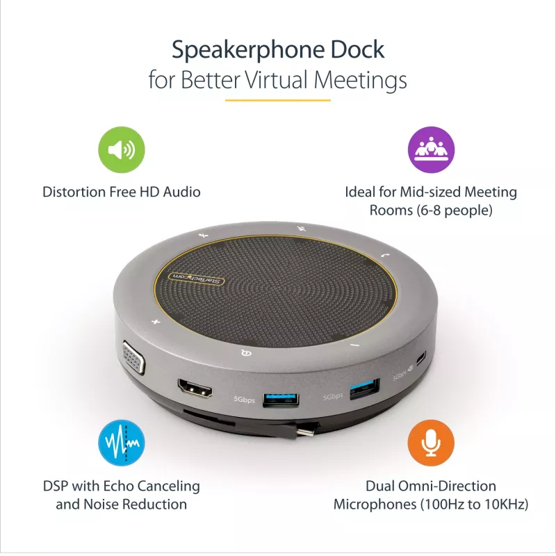 StarTech.com USB-C Speakerphone Docking Station, Mini Portable Conference Speaker und Audio Dock, USB-C zu VGA/4K HDMI, 2x USB-A Hub, Mikrofon/Lautsprecher, Teams/Zoom/Softphone Speakerphone