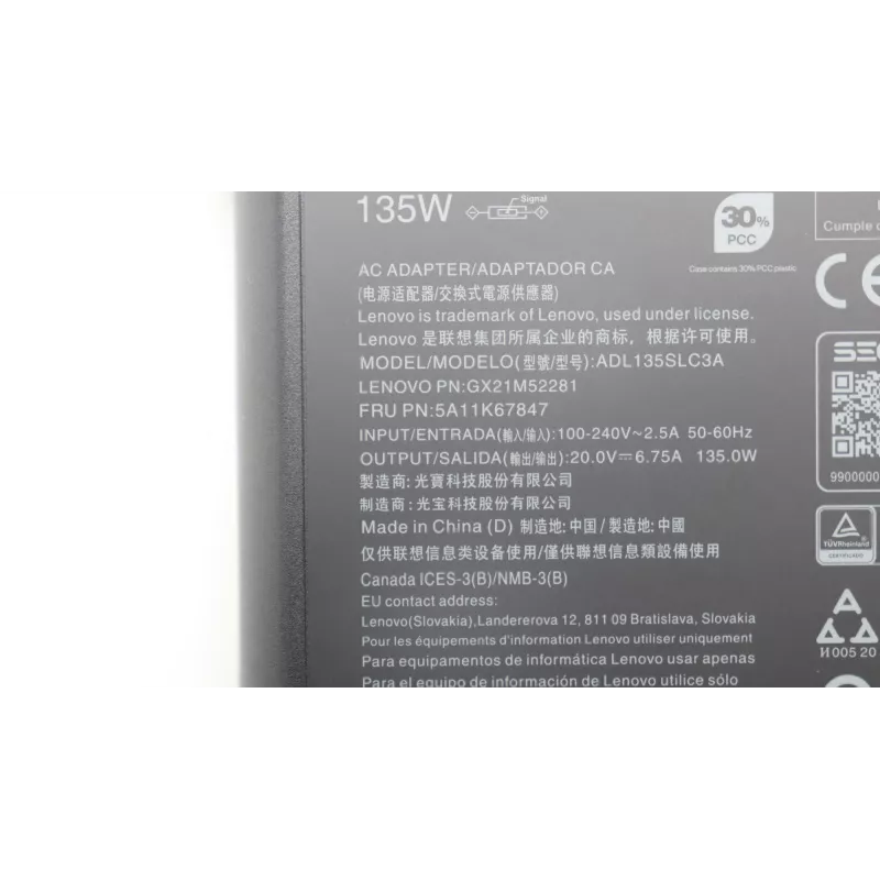 Lenovo 5A11K67847 Netzteil/Wechselrichter Innenbereich 135 W Schwarz