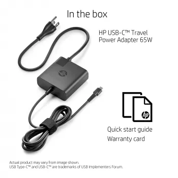 AC USB-C Travel Power Adapter 65W — HP — kompaktes 100–240V Ladegerät für drinnen, schwarz, 74×74×28,5 mm
