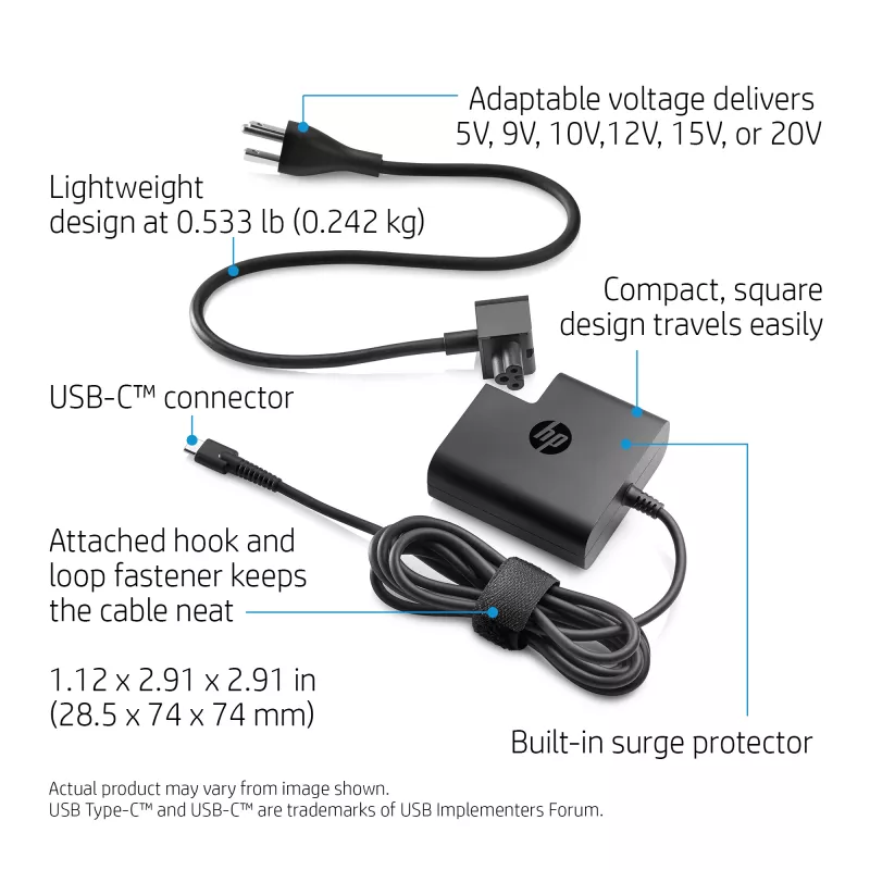 AC USB-C Travel Power Adapter 65W — HP — kompaktes 100–240V Ladegerät für drinnen, schwarz, 74×74×28,5 mm