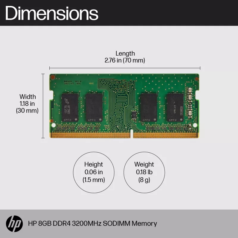 HP 8GB DDR4 3200 SODIMM Speicher, Business, Windows 10, Windows 11, 70 mm, 30 mm, 1,5 mm, 8 g