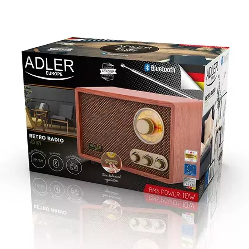 Tragbares Radio Adler AD 1171 – AM/FM, 10 W RMS, Bluetooth, externe Antenne, bronze, 290×200×172 mm
