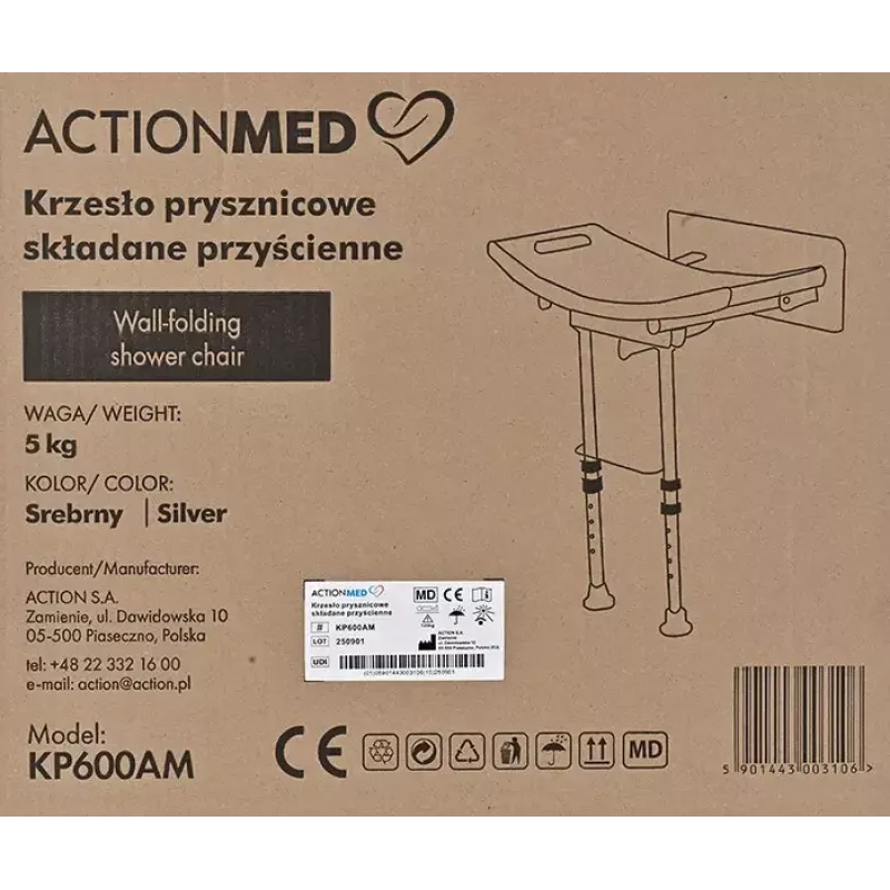 Wandmontierbarer klappbarer Duschstuhl ActionMed KP600AM — weiß, ergonomischer Sitz, verstellbare rutschfeste Füße, 3 kg