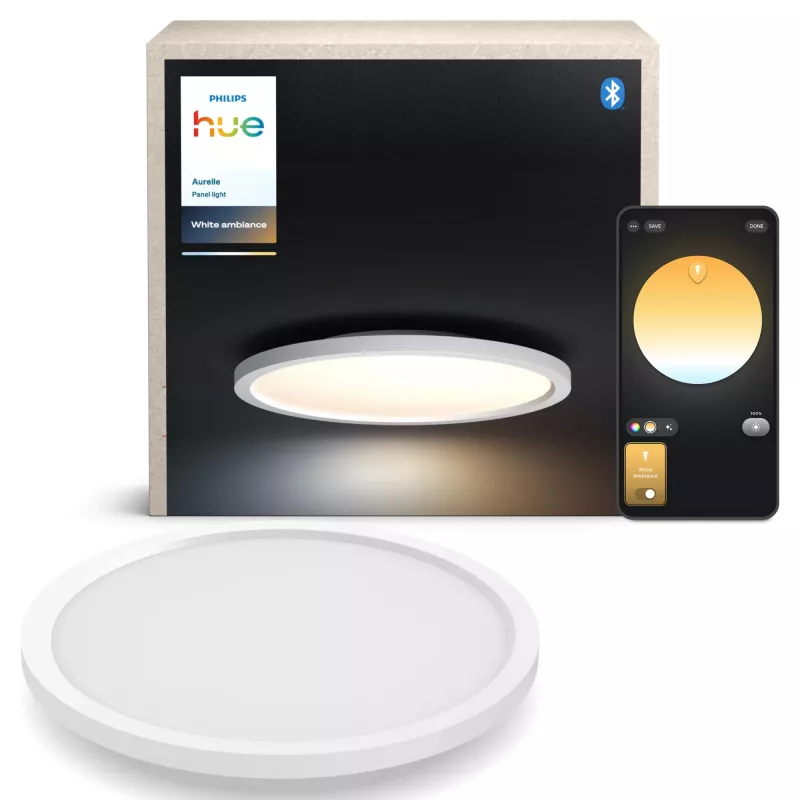 Philips Aurelle Hue Runde Panel-Leuchte, Intelligente Deckenleuchte, Bluetooth/Zigbee, Weiß, LED, Aluminium, Variabel