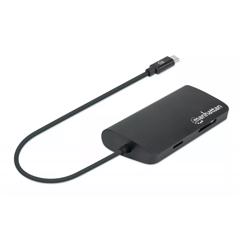 Manhattan USB-C Dock/Hub mit Kartenleser, Anschlüsse (x5): Ethernet, USB-A (3) und USB-C, 5 Gbit/s (USB 3.2 Gen1 alias USB 3.0), mit Power Delivery (100W) zum USB-C-Anschluss (Hinweis: zusätzliches USB-C-Netzteil und USB-C-Kabel erforderlich), universell für alle Geräte, Aluminium
