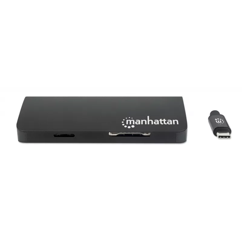 Manhattan USB-C Dock/Hub mit Kartenleser, Anschlüsse (x5): Ethernet, USB-A (3) und USB-C, 5 Gbit/s (USB 3.2 Gen1 alias USB 3.0), mit Power Delivery (100W) zum USB-C-Anschluss (Hinweis: zusätzliches USB-C-Netzteil und USB-C-Kabel erforderlich), universell für alle Geräte, Aluminium
