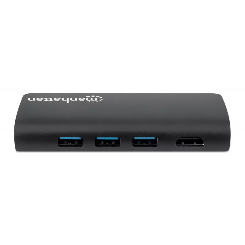 Manhattan USB-C Dock/Hub mit Kartenleser, Anschlüsse (x5): Ethernet, USB-A (3) und USB-C, 5 Gbit/s (USB 3.2 Gen1 alias USB 3.0), mit Power Delivery (100W) zum USB-C-Anschluss (Hinweis: zusätzliches USB-C-Netzteil und USB-C-Kabel erforderlich), universell für alle Geräte, Aluminium