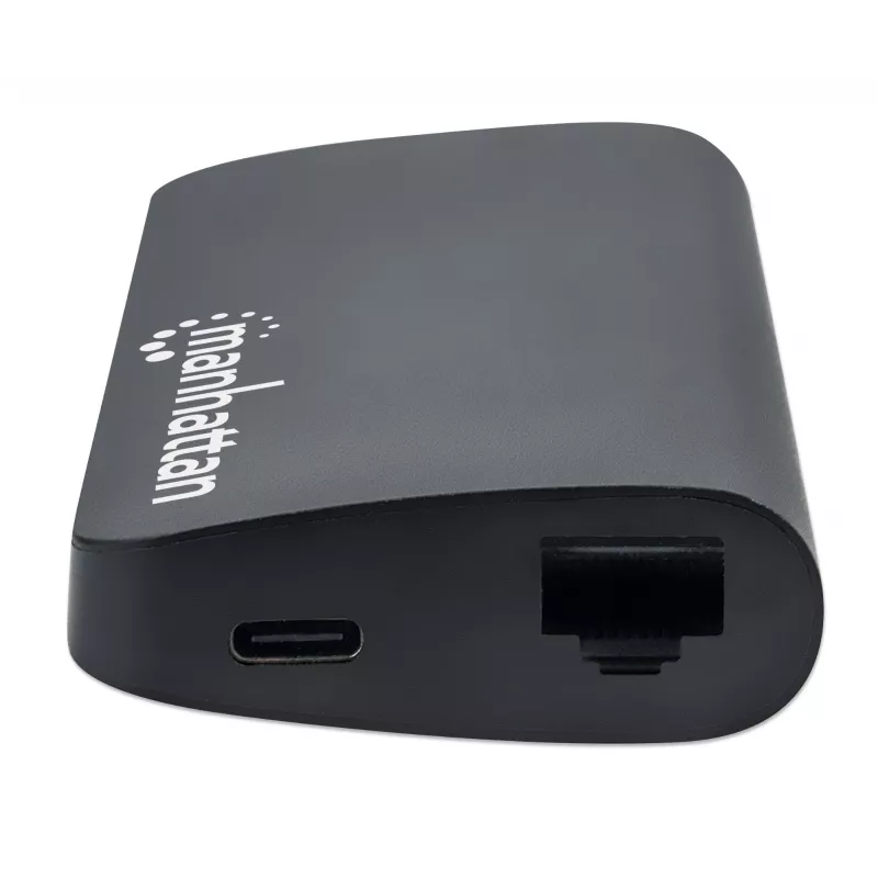 Manhattan USB-C Dock/Hub mit Kartenleser, Anschlüsse (x5): Ethernet, USB-A (3) und USB-C, 5 Gbit/s (USB 3.2 Gen1 alias USB 3.0), mit Power Delivery (100W) zum USB-C-Anschluss (Hinweis: zusätzliches USB-C-Netzteil und USB-C-Kabel erforderlich), universell für alle Geräte, Aluminium