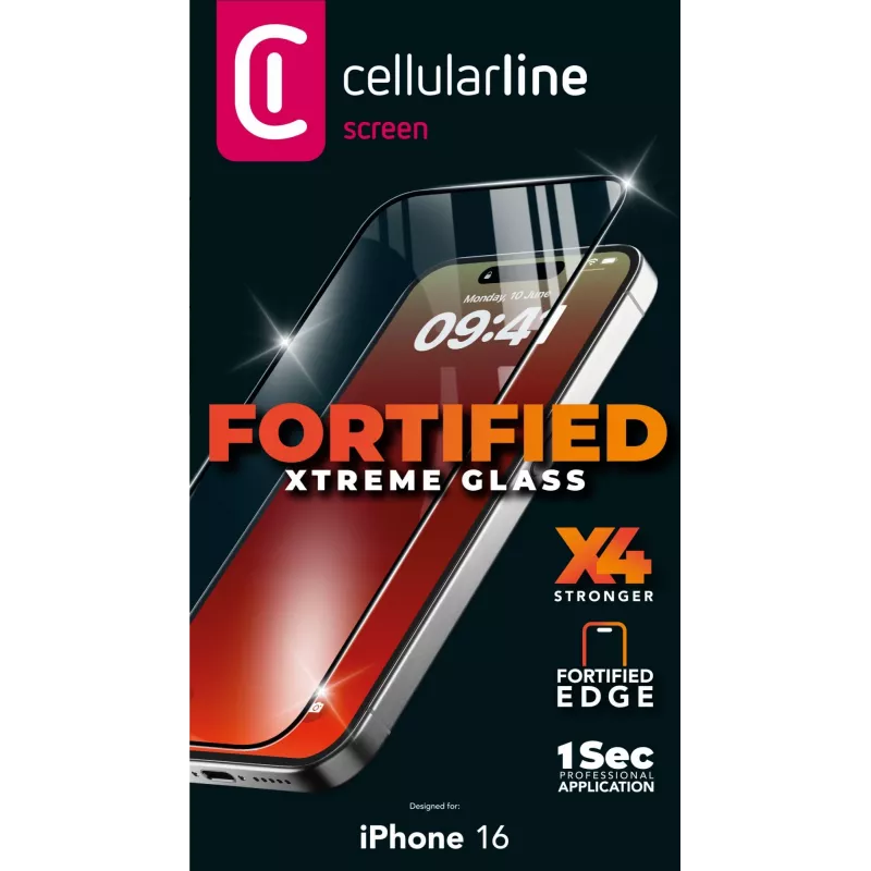 Cellularline Fortified Xtreme Glass - iPhone 16 Ultrawiderstandsfähiges gehärtetes Glas mit verstärkten Rändern, einfach anzubringen und extrem widerstandsfähig