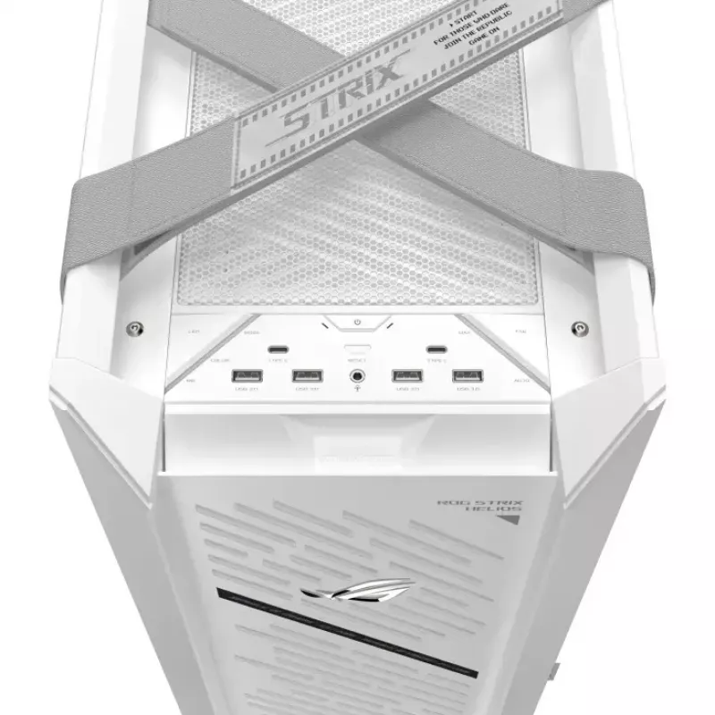 PC-Gehäuse ASUS ROG Strix Helios II Midi Tower Weiß — unterstützt EATX/ATX/Micro-ATX/Mini-ITX, 3x140mm Front + 1x140mm Rückseite, 2×3,5 Zoll + 4×2,5 Zoll Einschübe, gehärtetes Glas